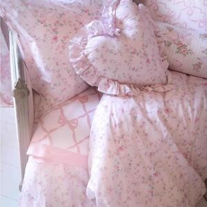 LoveShackFancy Pink Floral Ruffled Heart Pillow and Comforter Set